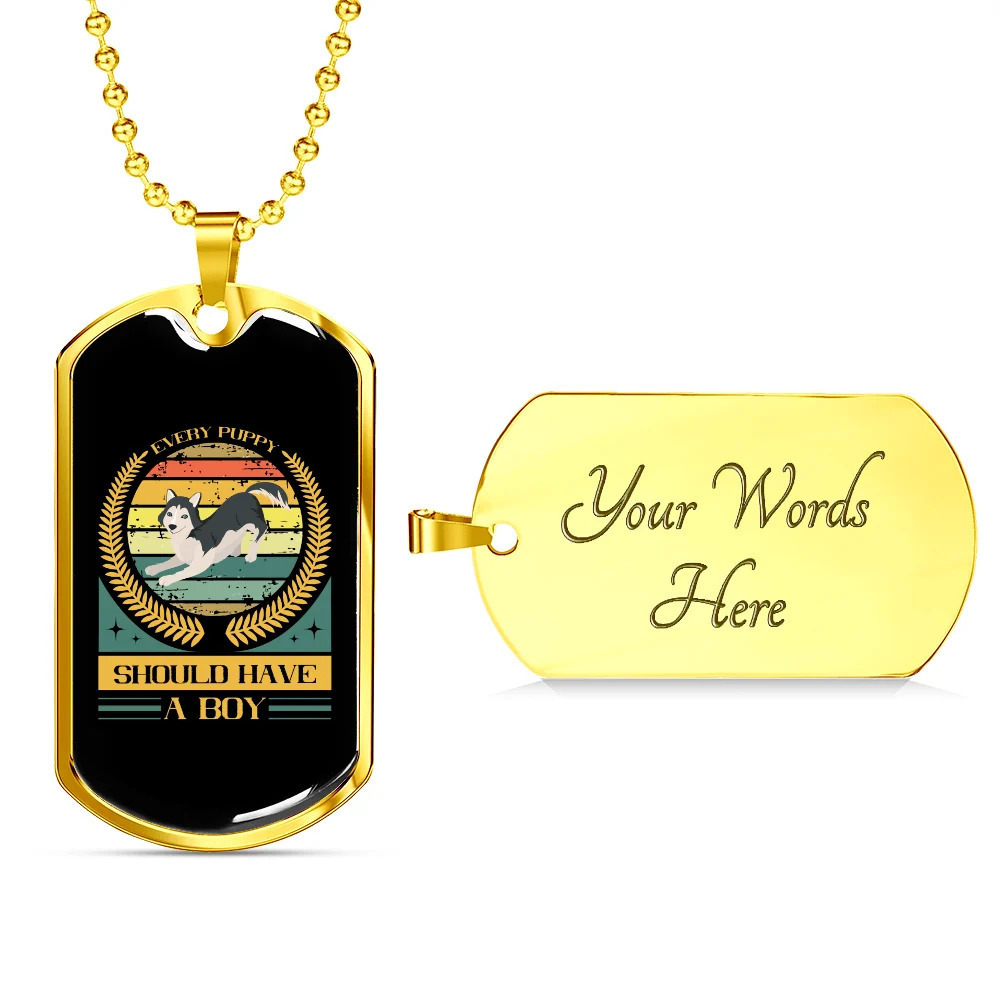Puppy Boy Yellow Personalized Engraved Gold Dog Tag Necklace Custom Name Date G